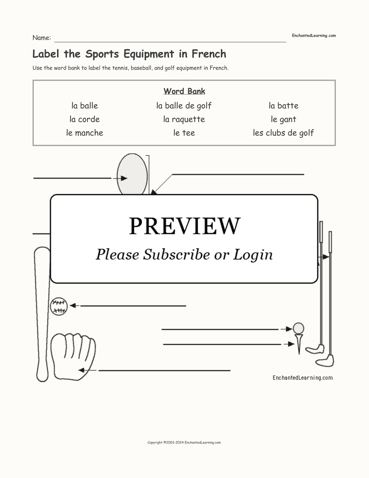 Label the Sports Equipment in French interactive worksheet page 1