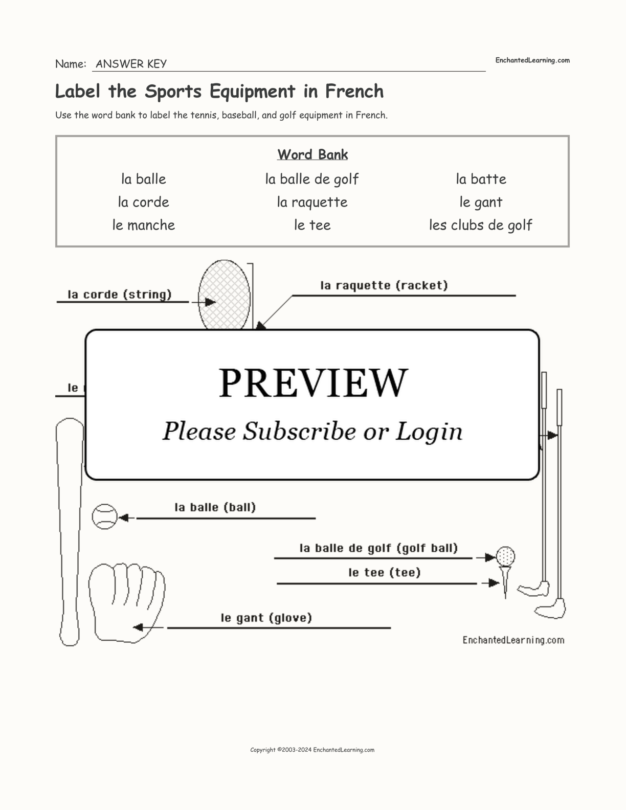 Label the Sports Equipment in French interactive worksheet page 2