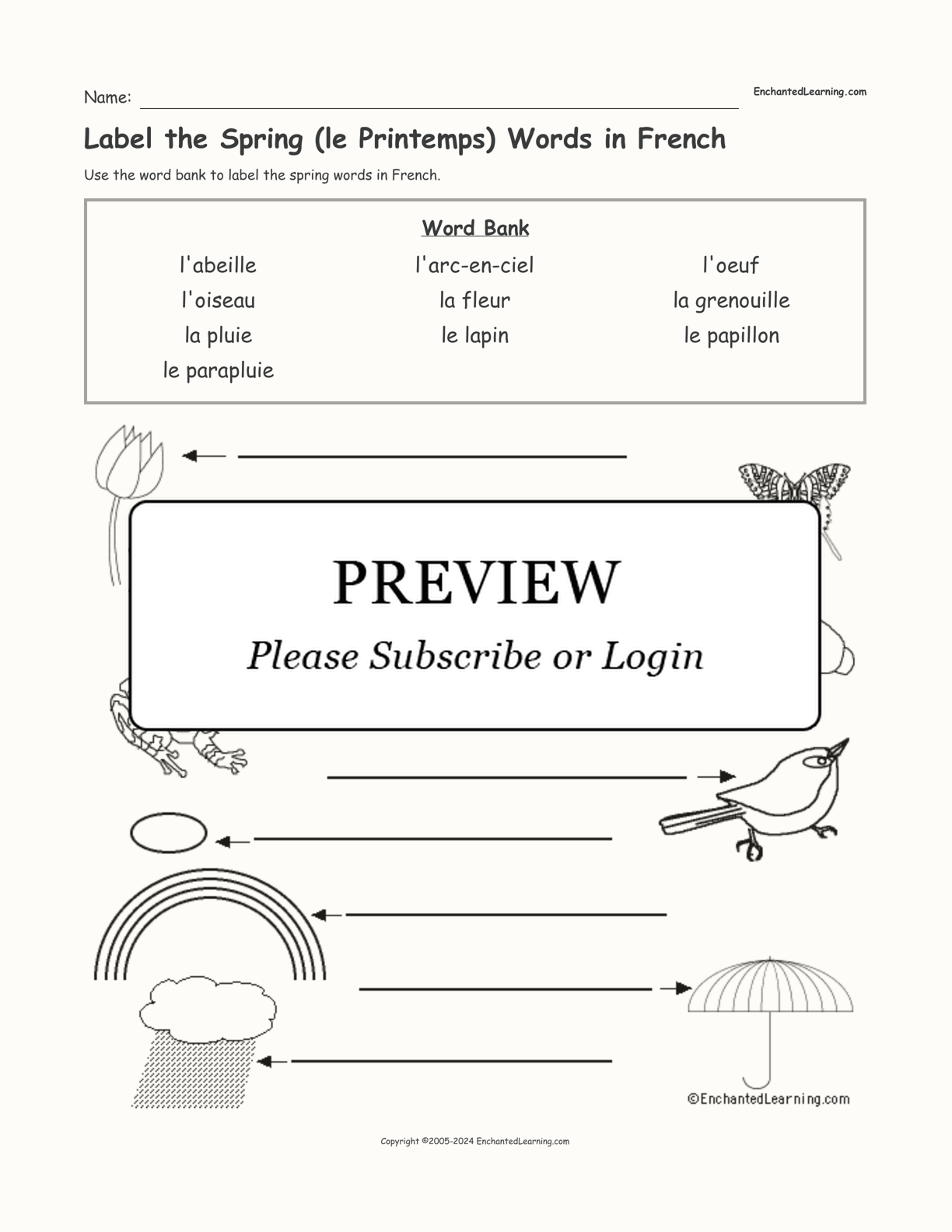 Label the Spring (le Printemps) Words in French interactive worksheet page 1