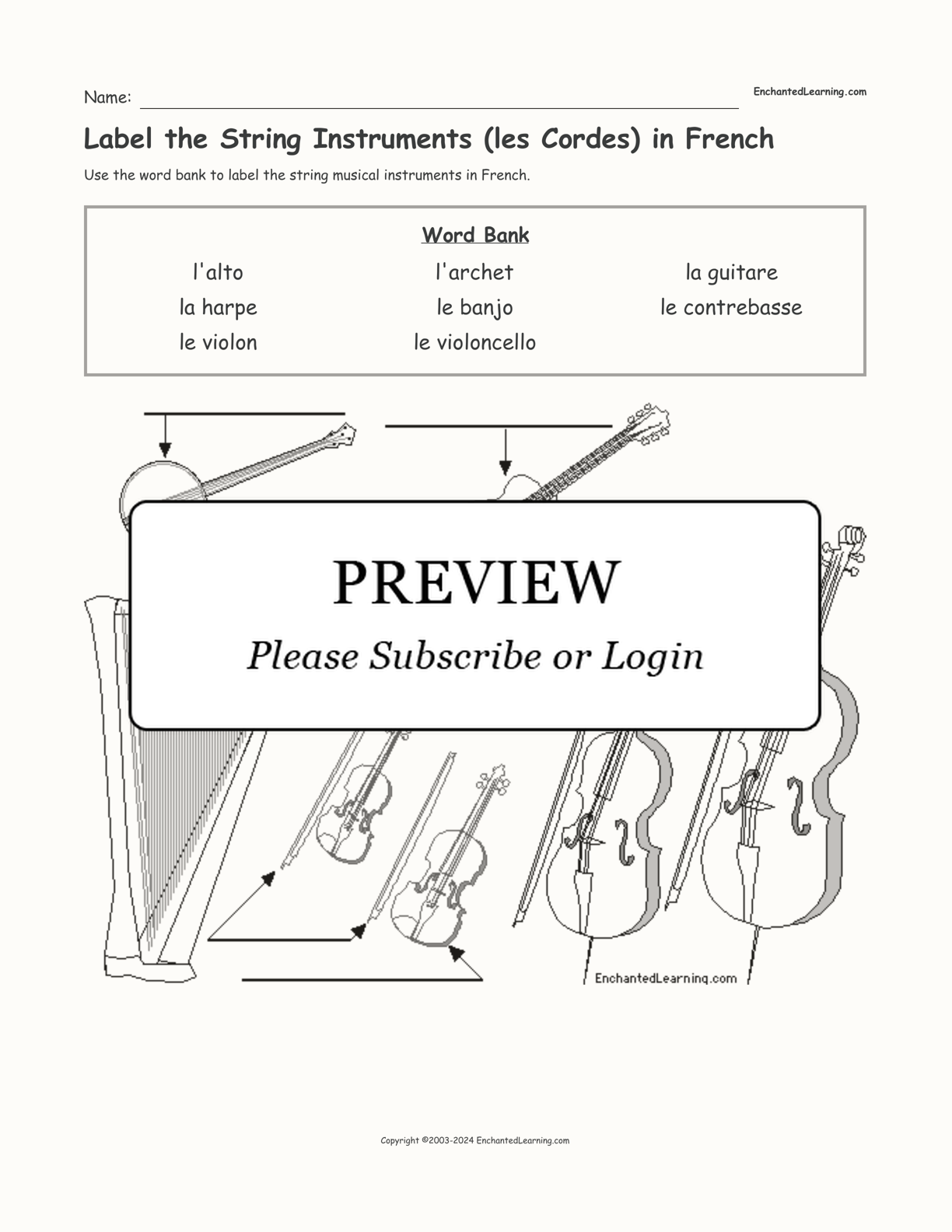 Label the String Instruments (les Cordes) in French interactive worksheet page 1