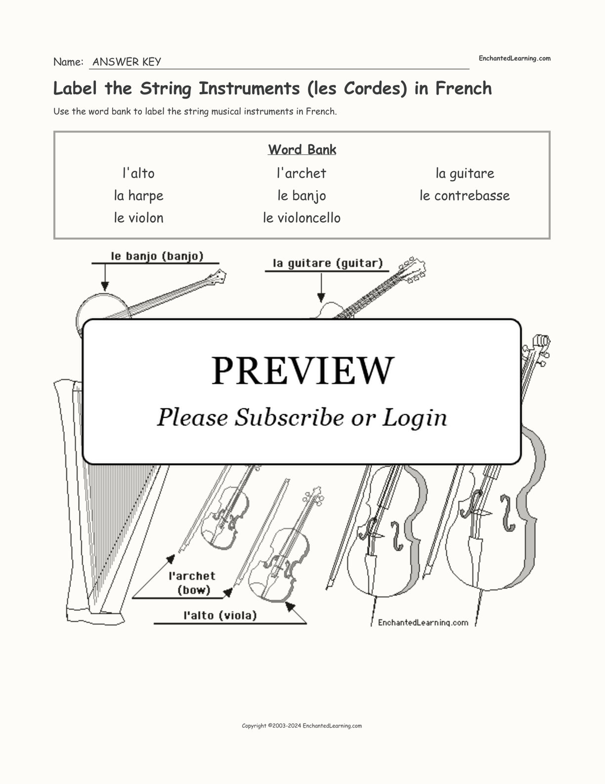 Label the String Instruments (les Cordes) in French interactive worksheet page 2