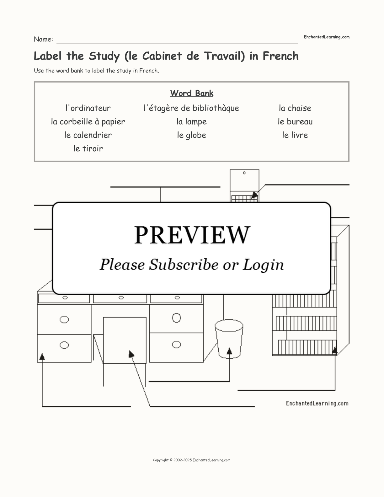 Label the Study (le Cabinet de Travail) in French interactive worksheet page 1