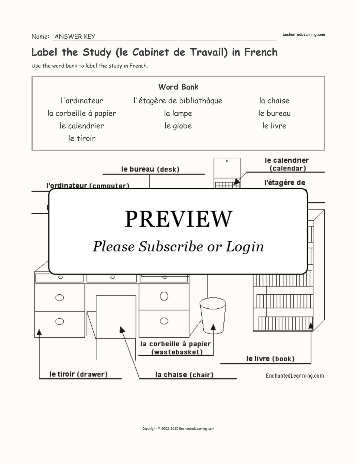 Label the Study (le Cabinet de Travail) in French interactive worksheet page 2