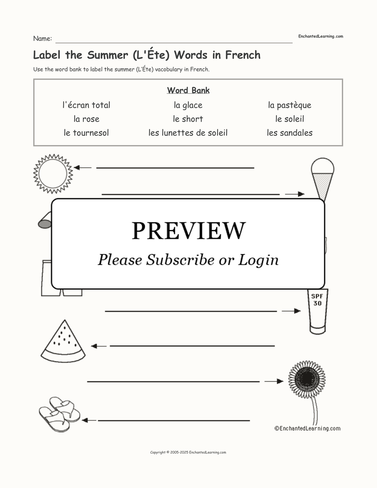 Label the Summer (L'Éte) Words in French interactive worksheet page 1