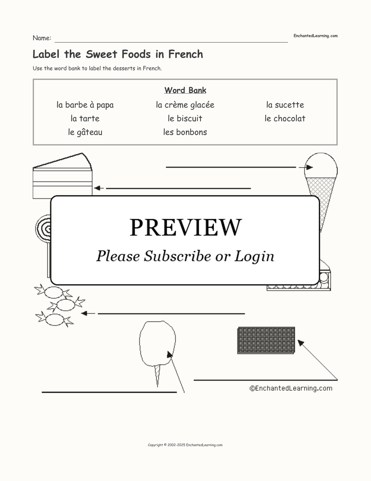 Label the Sweet Foods in French interactive worksheet page 1