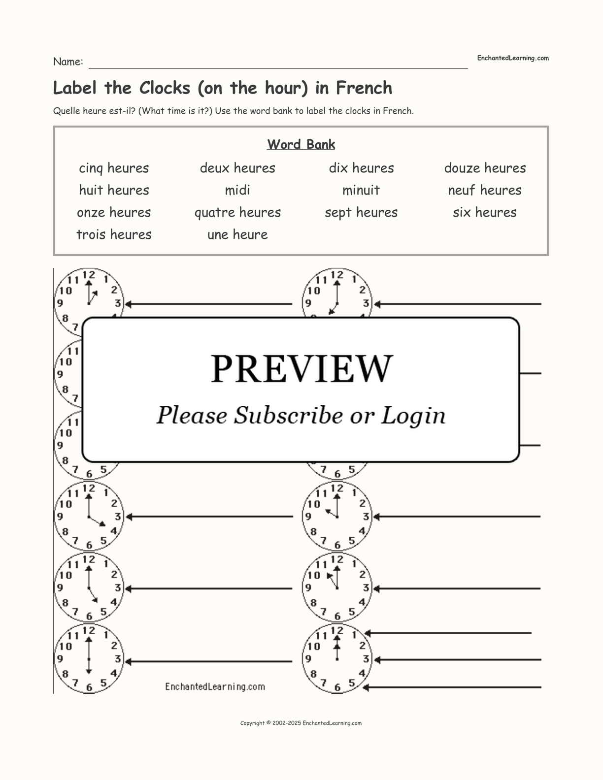 Label the Clocks (on the hour) in French interactive worksheet page 1