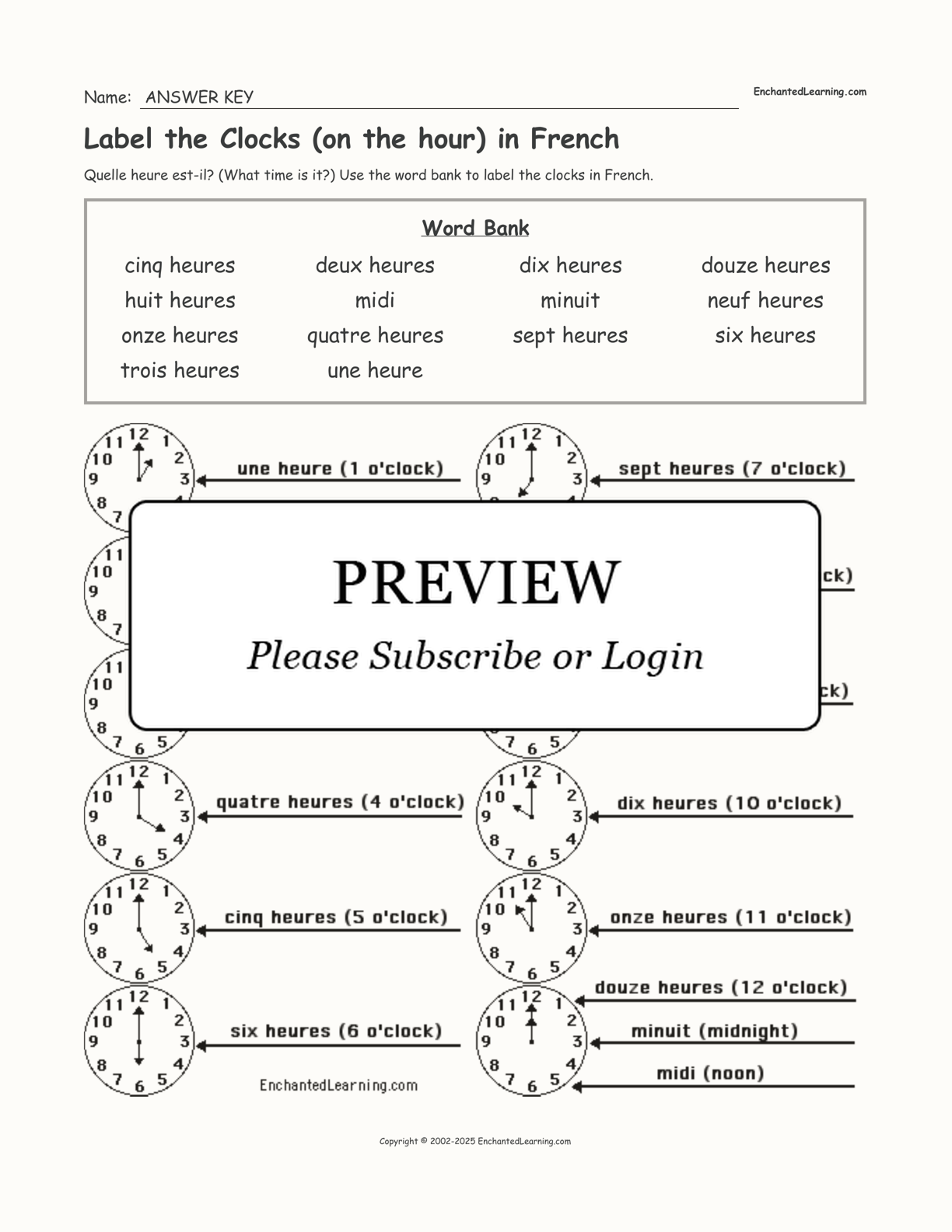 Label the Clocks (on the hour) in French interactive worksheet page 2