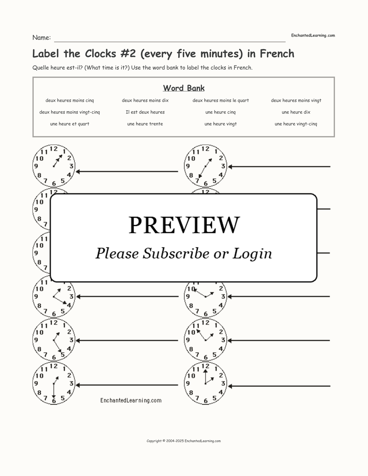 Label the Clocks #2 (every five minutes) in French interactive worksheet page 1