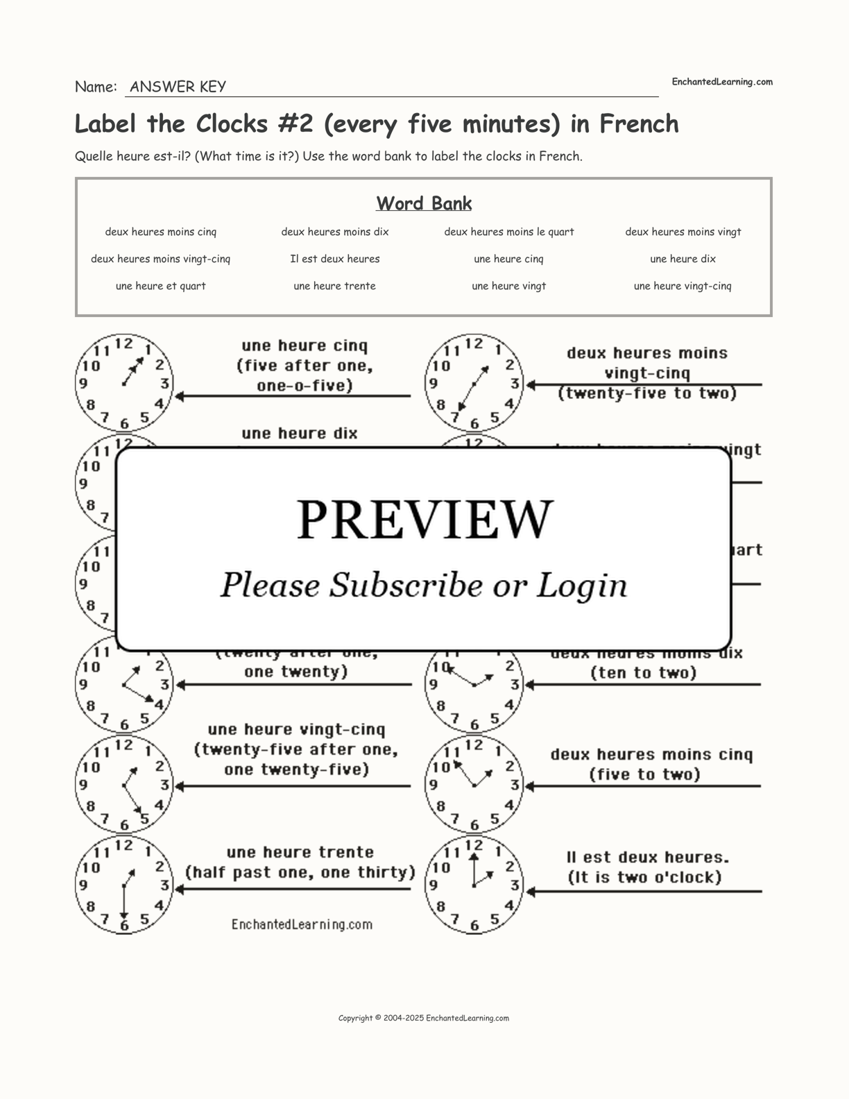 Label the Clocks #2 (every five minutes) in French interactive worksheet page 2