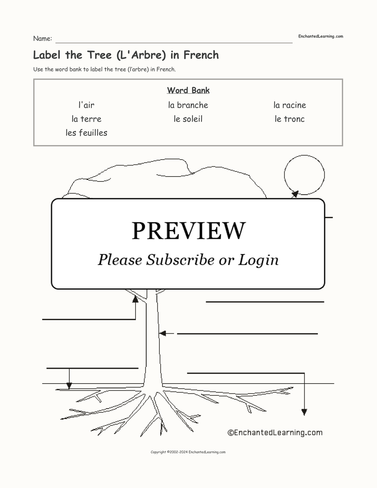 Label the Tree (L'Arbre) in French interactive worksheet page 1