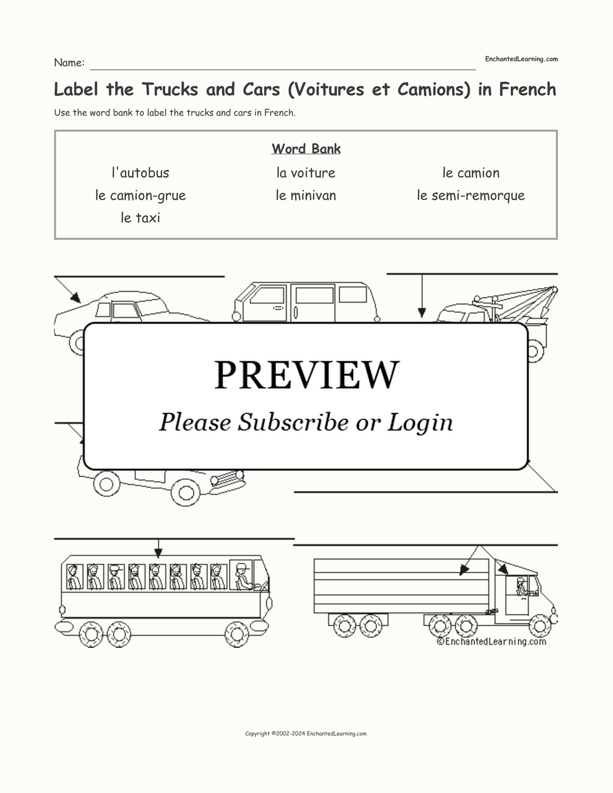 Label the Trucks and Cars (Voitures et Camions) in French interactive worksheet page 1