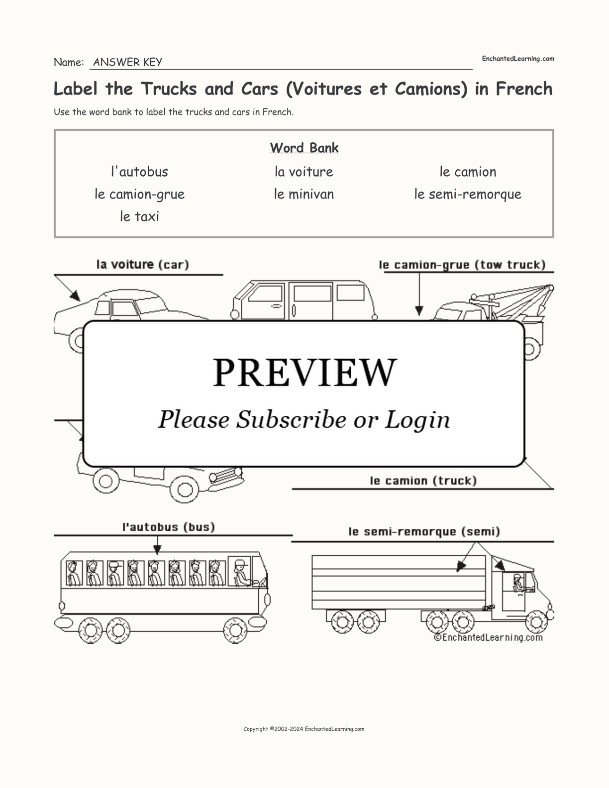 Label the Trucks and Cars (Voitures et Camions) in French interactive worksheet page 2