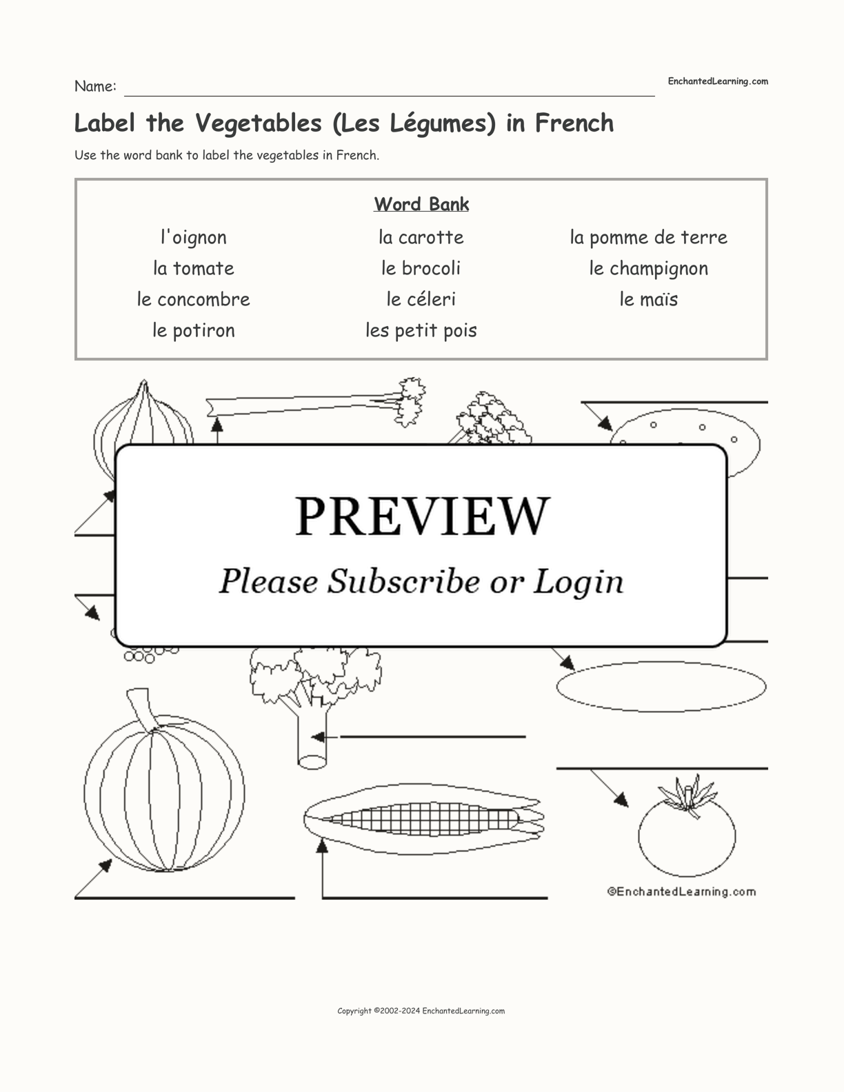 Label the Vegetables (Les Légumes) in French interactive worksheet page 1