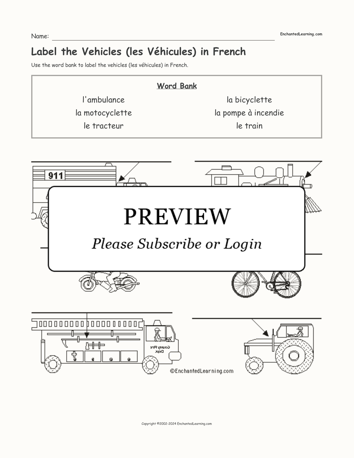 Label the Vehicles (les Véhicules) in French interactive worksheet page 1