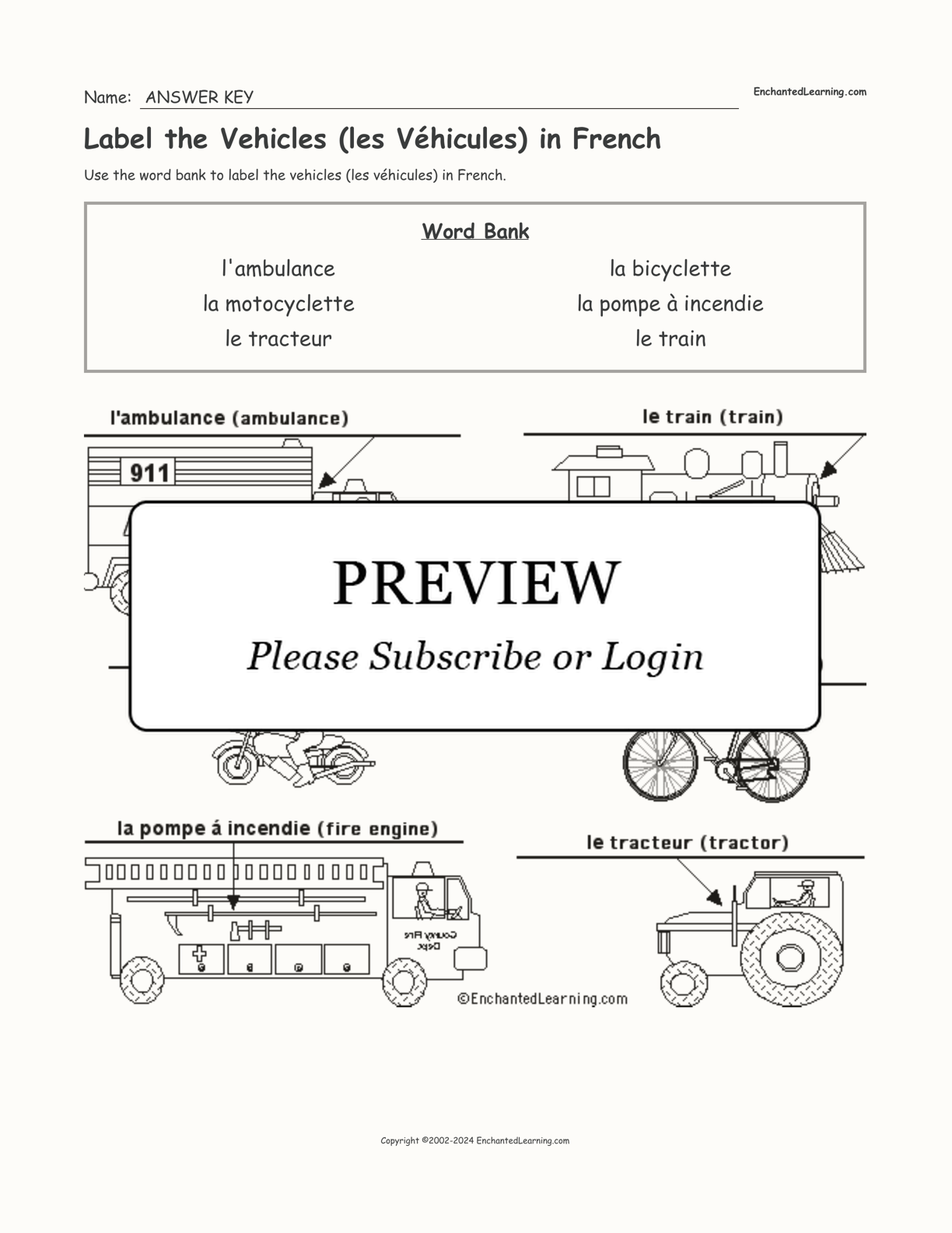 Label the Vehicles (les Véhicules) in French interactive worksheet page 2
