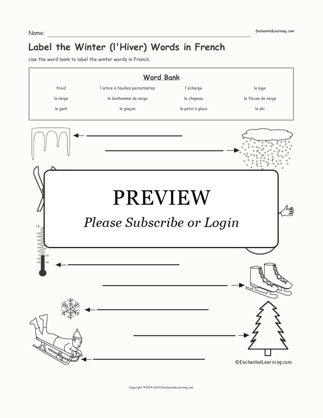 Label the Winter (l'Hiver) Words in French interactive worksheet page 1