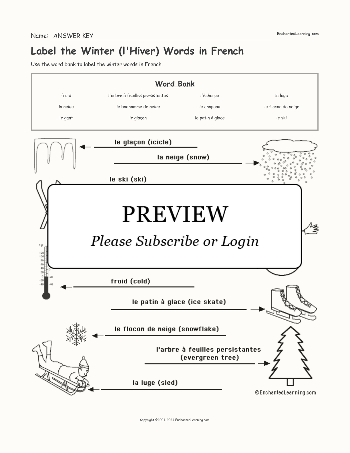 Label the Winter (l'Hiver) Words in French interactive worksheet page 2