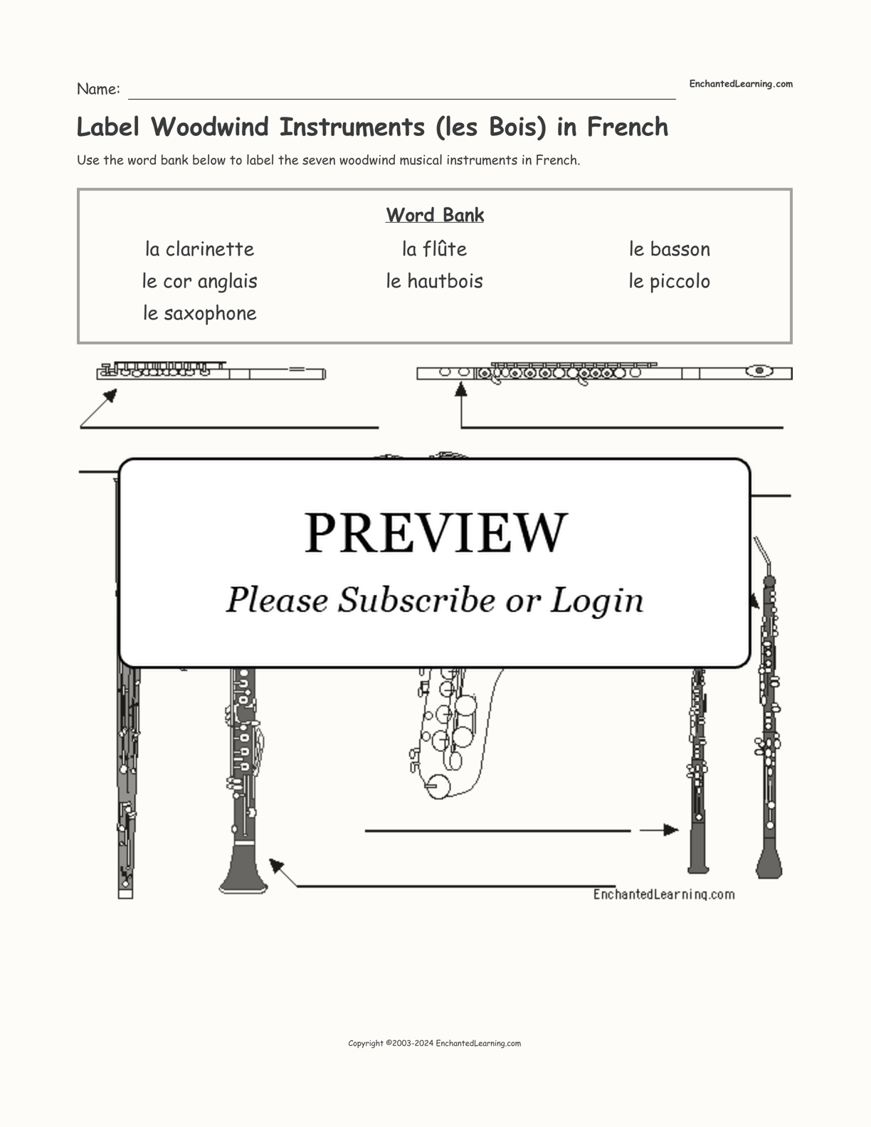 Label Woodwind Instruments (les Bois) in French interactive worksheet page 1