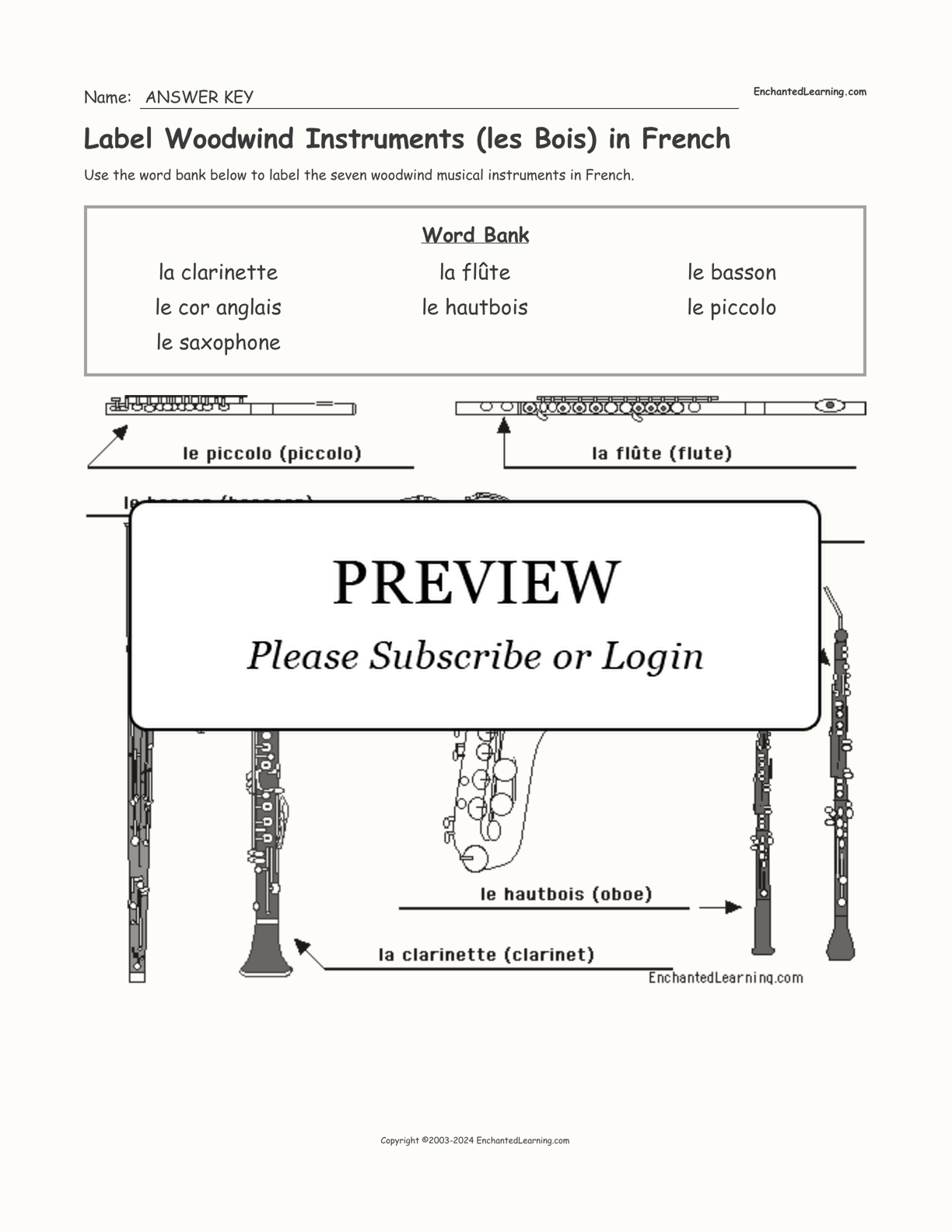 Label Woodwind Instruments (les Bois) in French interactive worksheet page 2