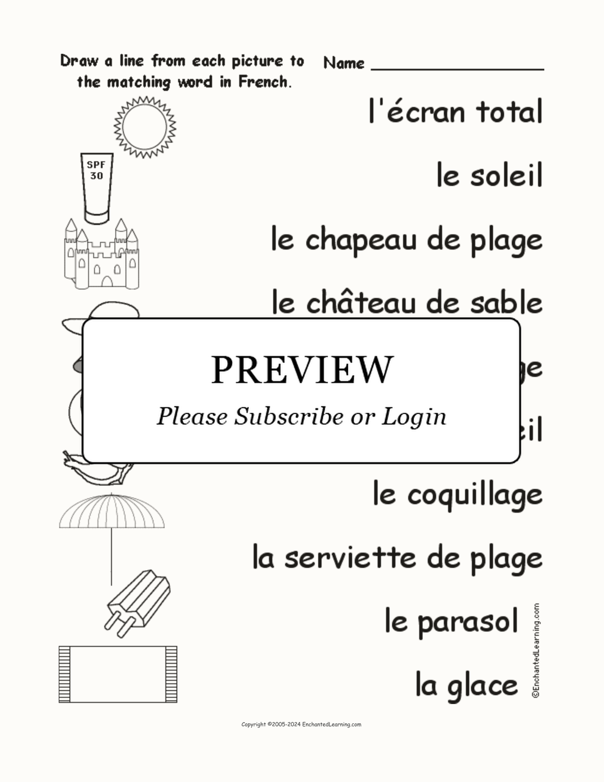 Match the French Words to the Beach Pictures interactive worksheet page 1