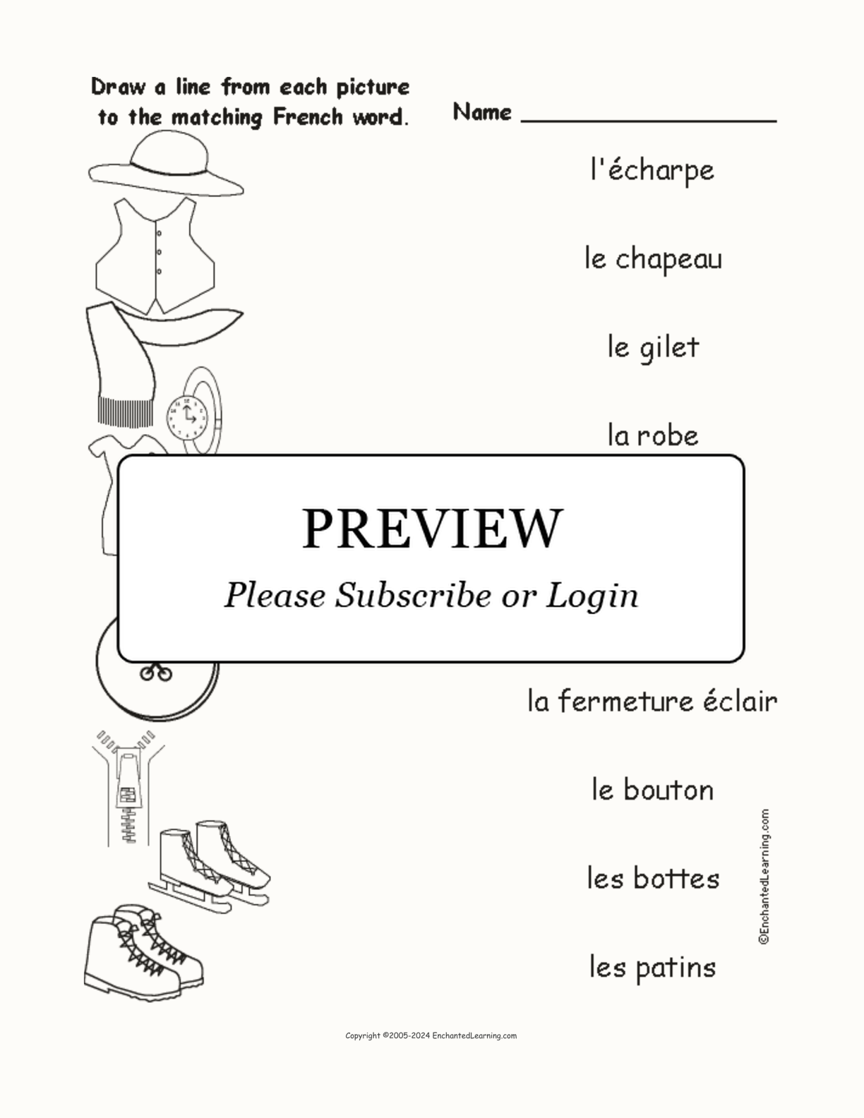 Match the French Clothing Words to the Pictures #2 interactive worksheet page 1