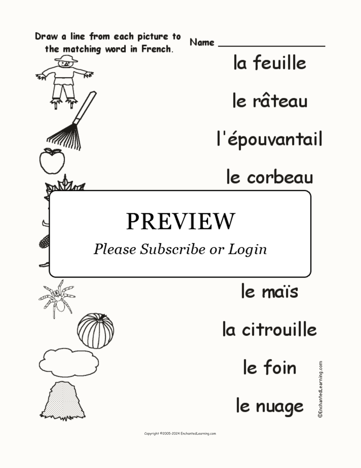 Match the French Fall Words to the Pictures interactive worksheet page 1