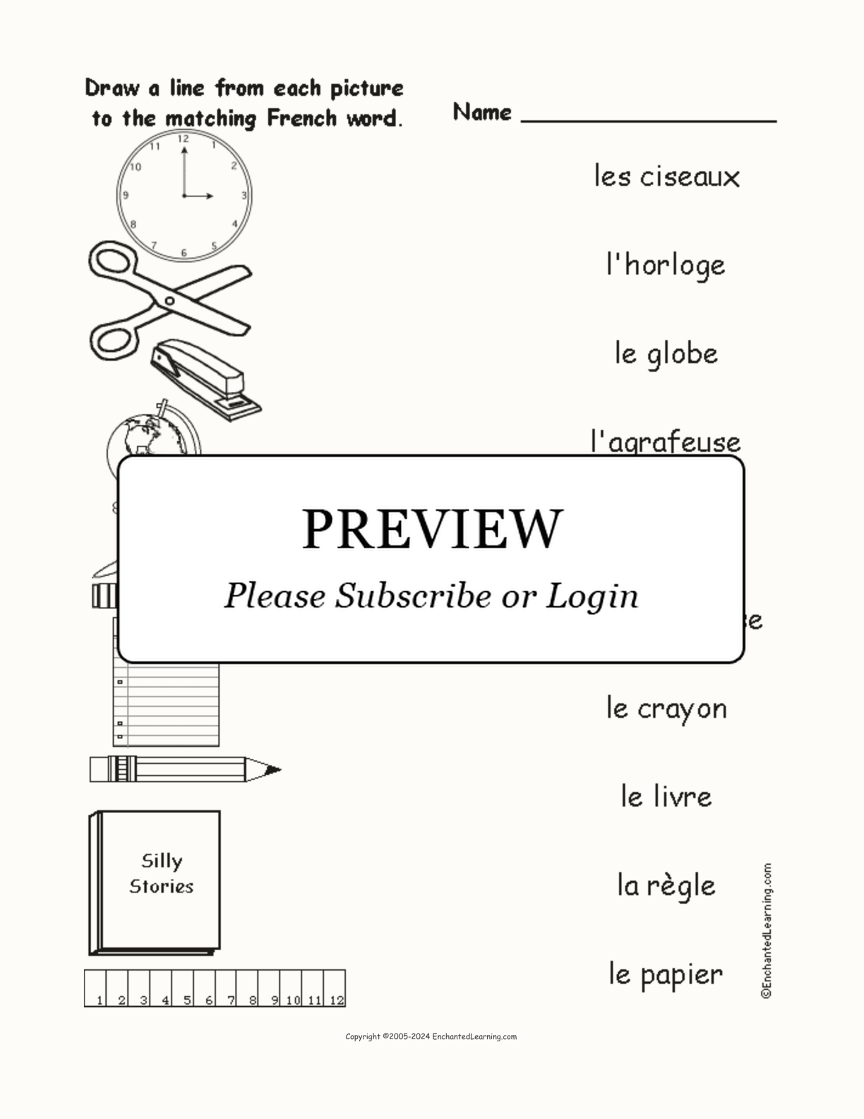 Match the French School Words to the Pictures interactive worksheet page 1