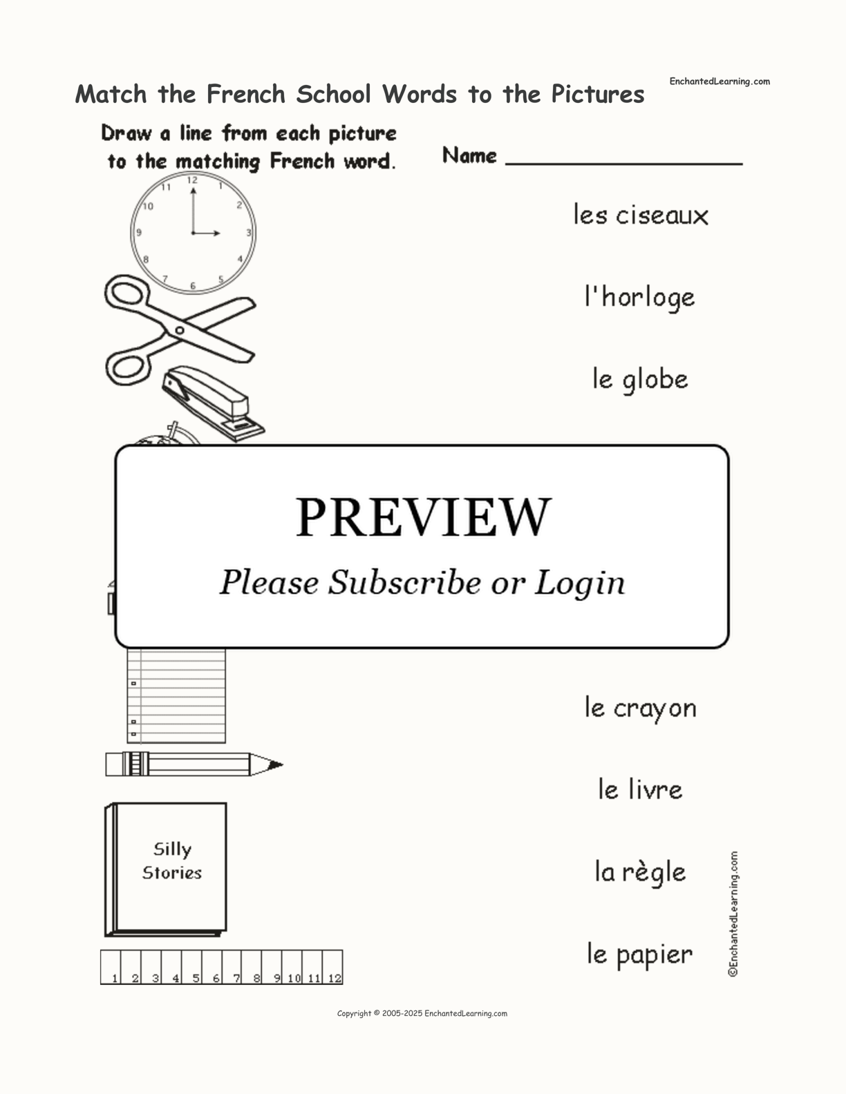 Match the French School Words to the Pictures interactive worksheet page 1