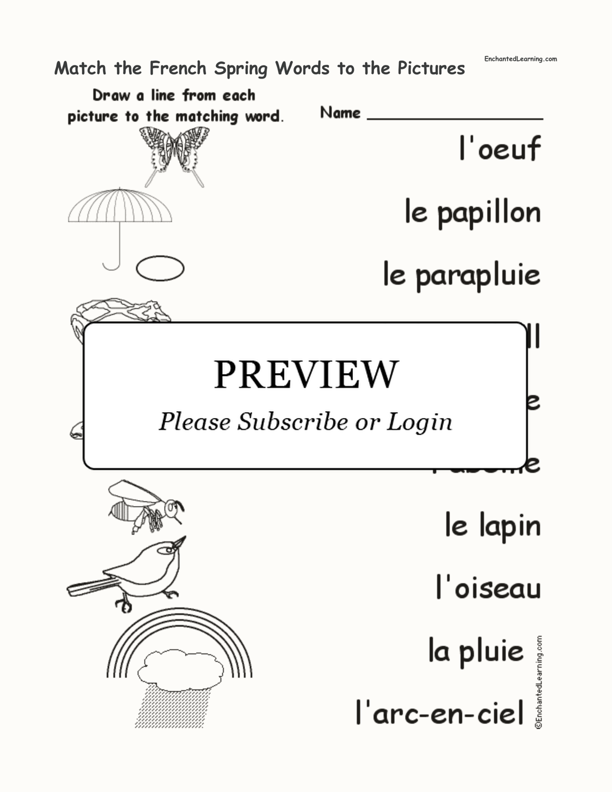 Match the French Spring Words to the Pictures interactive worksheet page 1