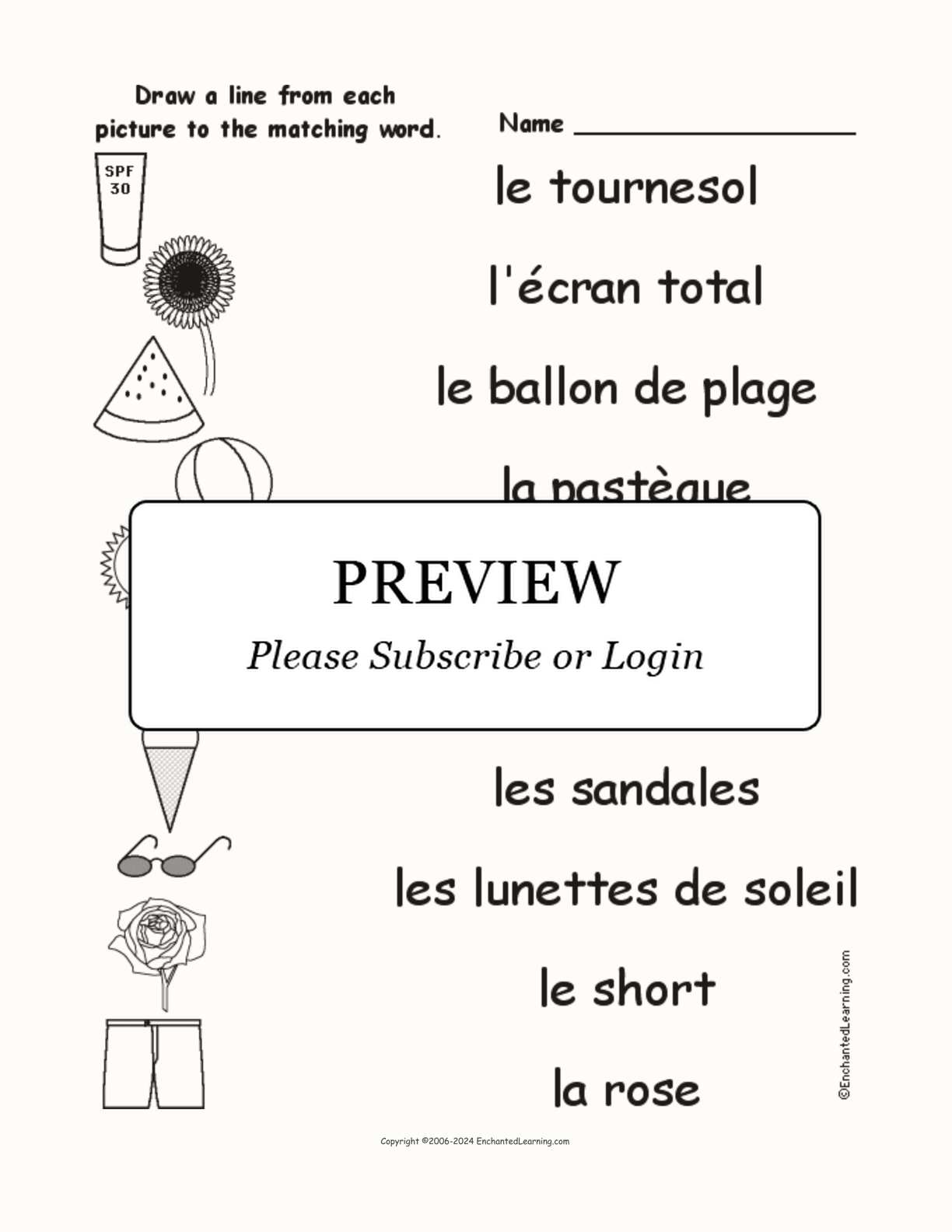 Summer - Match the French Words to the Pictures interactive worksheet page 1