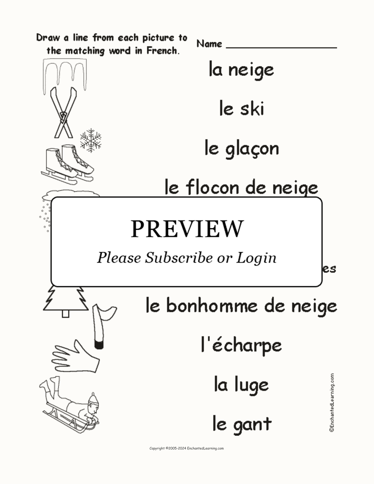 Match the French Winter Words to the Pictures interactive worksheet page 1