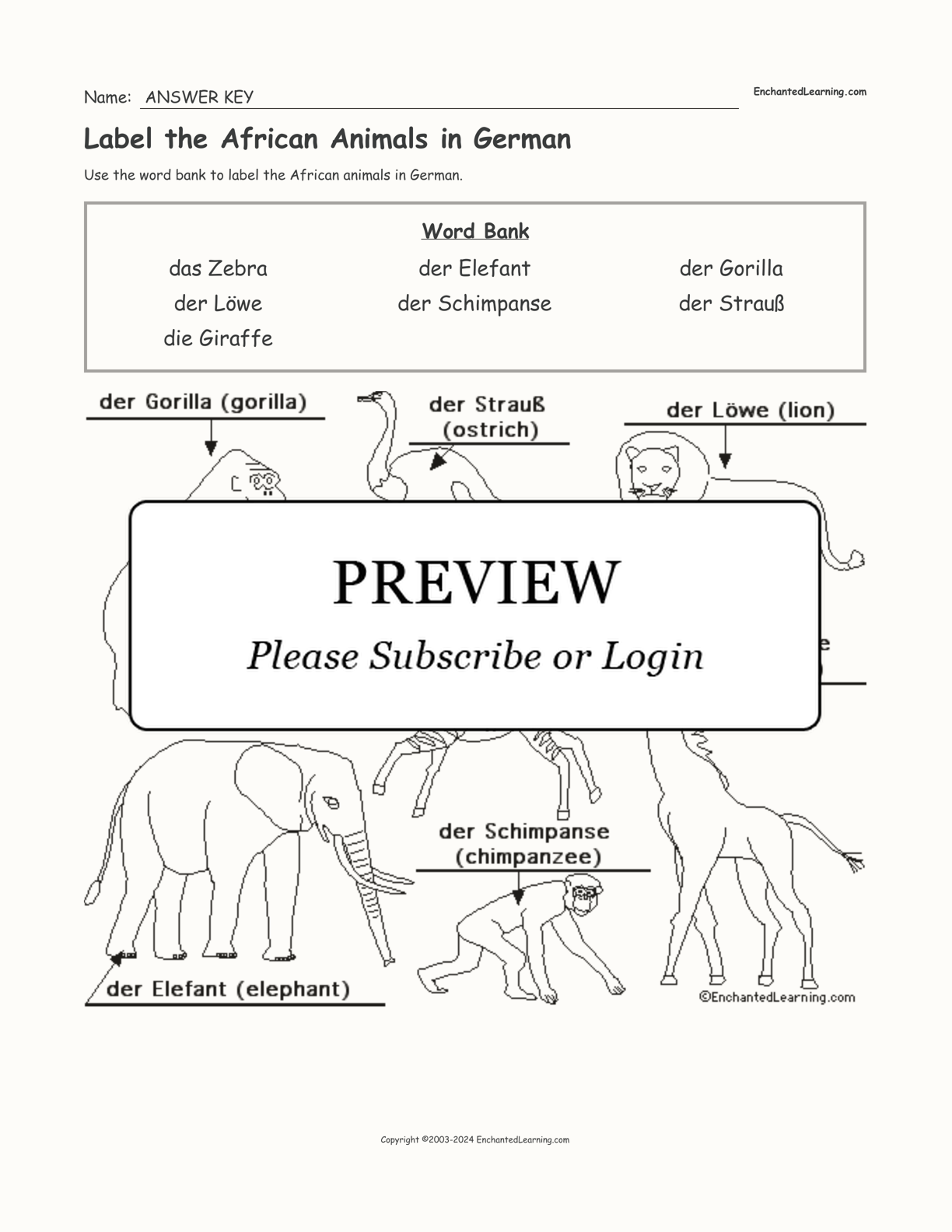 Label the African Animals in German interactive worksheet page 2