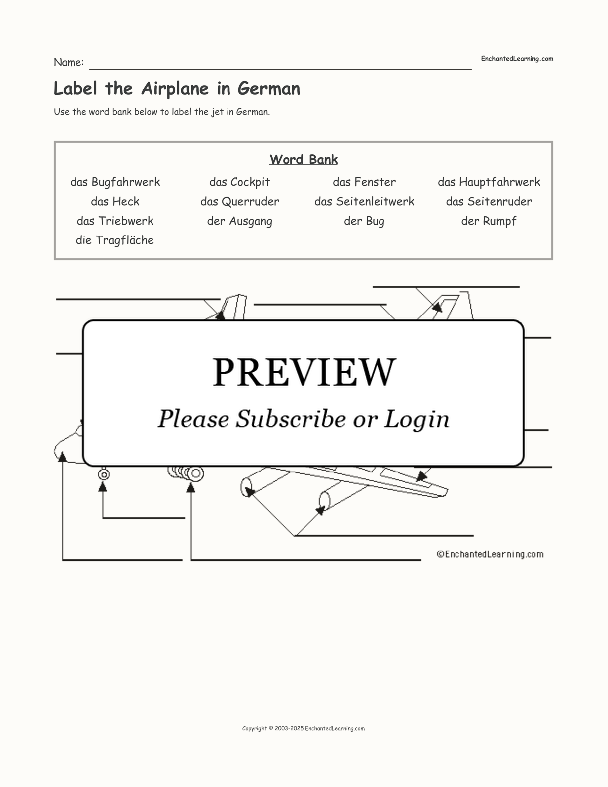 Label the Airplane in German interactive worksheet page 1