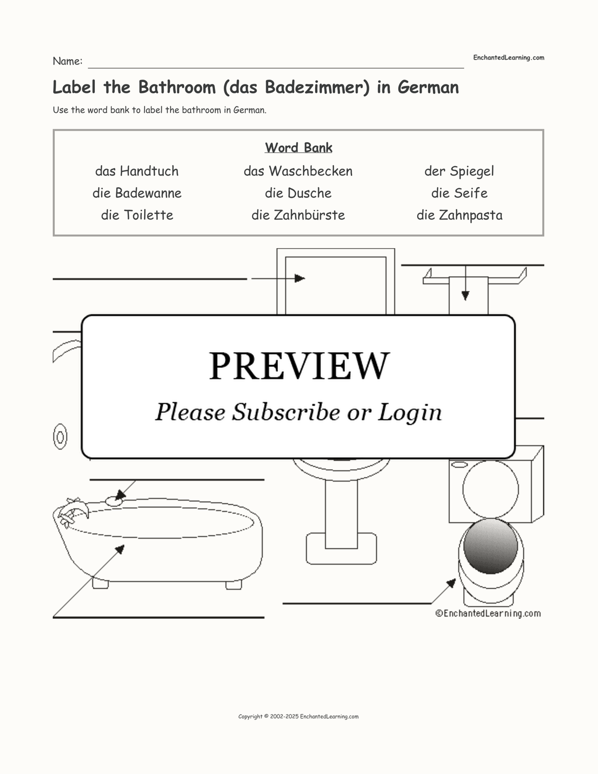 Label the Bathroom (das Badezimmer) in German interactive worksheet page 1