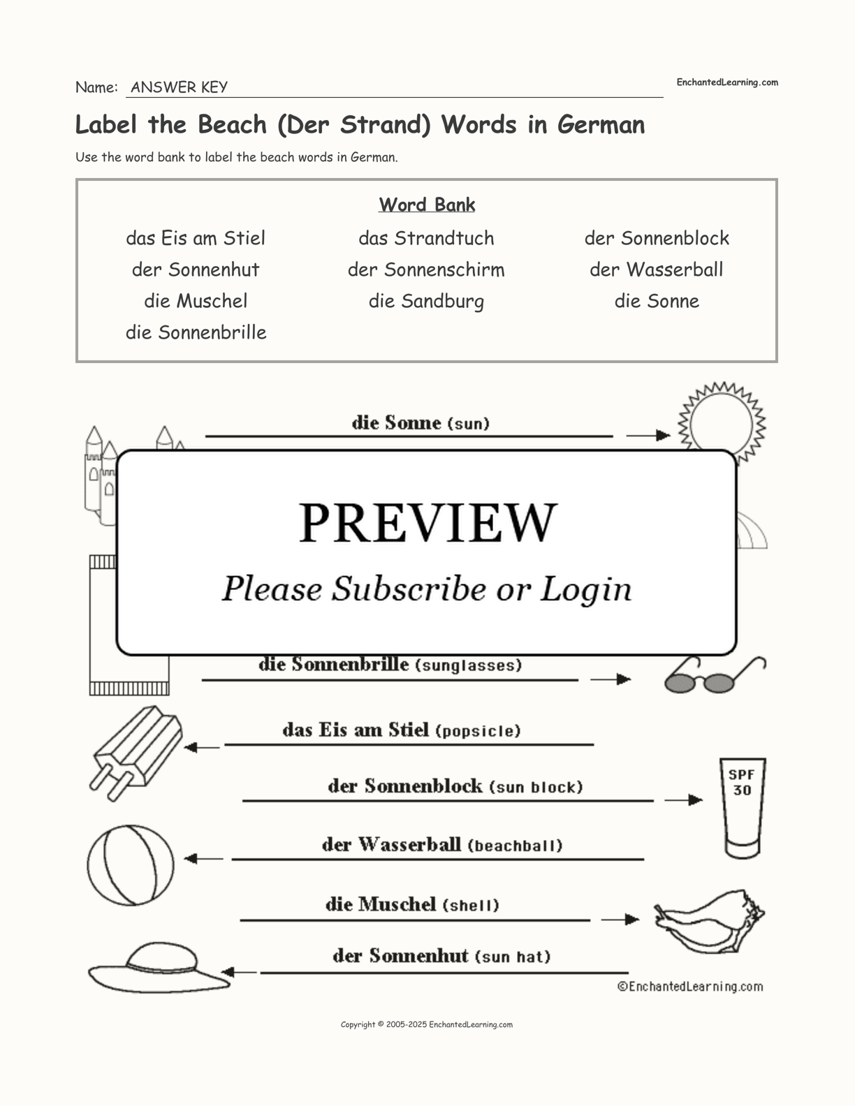 Label the Beach (Der Strand) Words in German interactive worksheet page 2