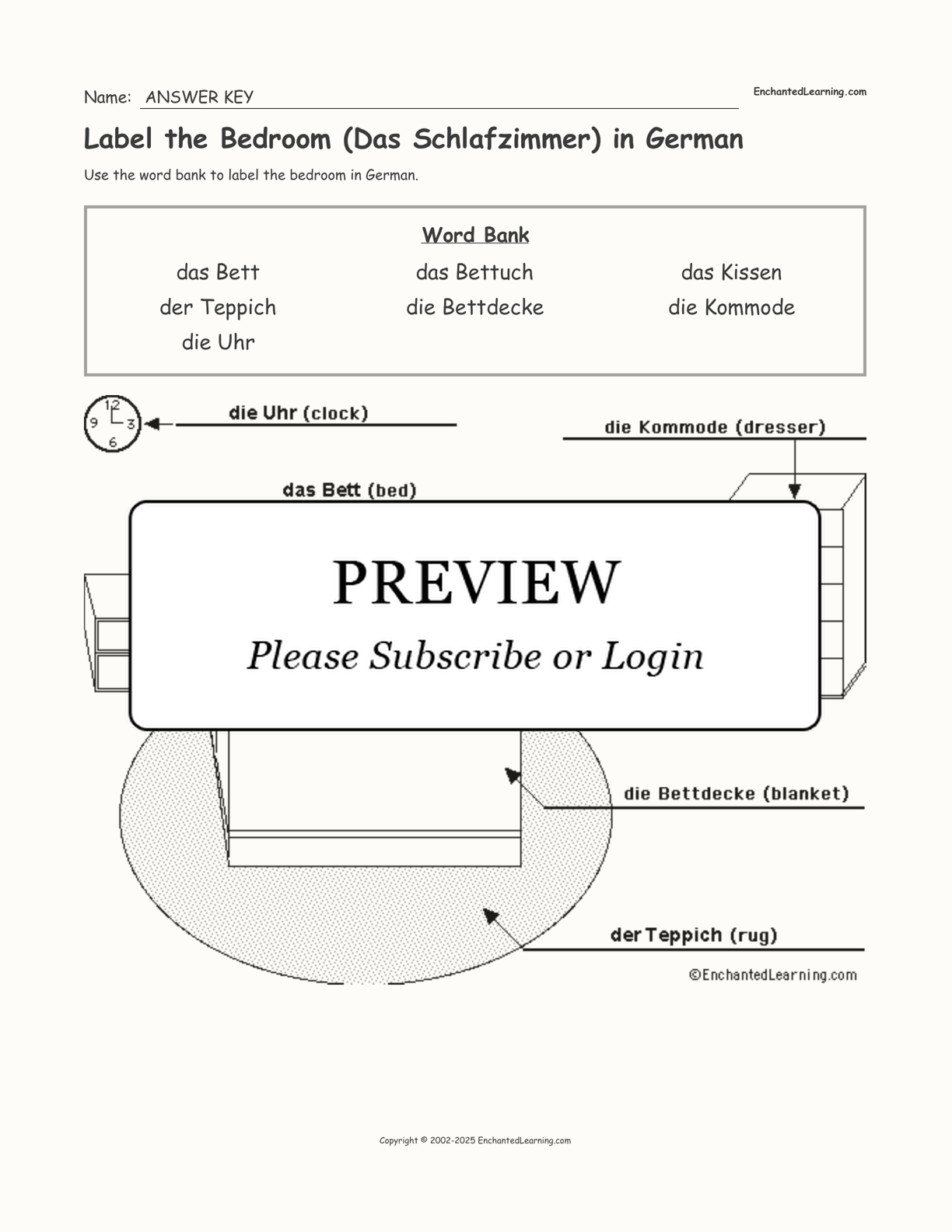 Label the Bedroom (Das Schlafzimmer) in German interactive worksheet page 2