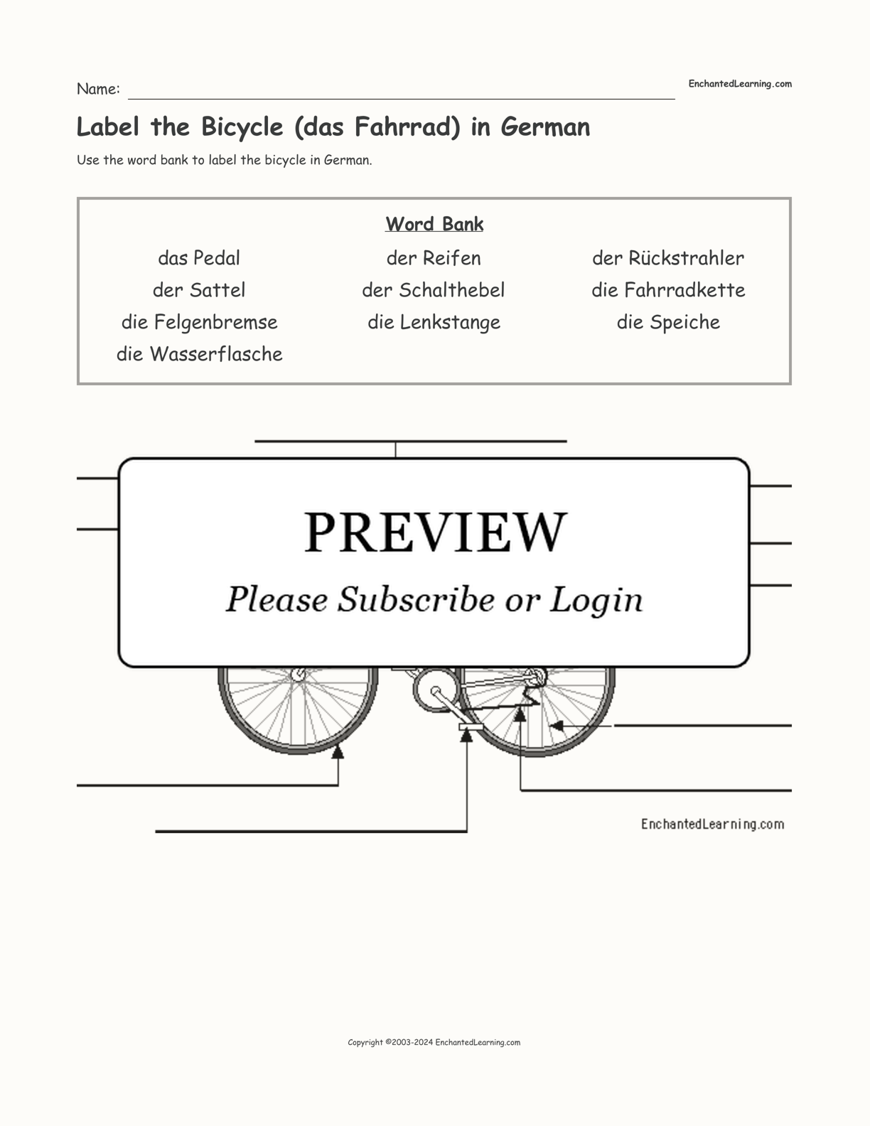Label the Bicycle (das Fahrrad) in German interactive worksheet page 1