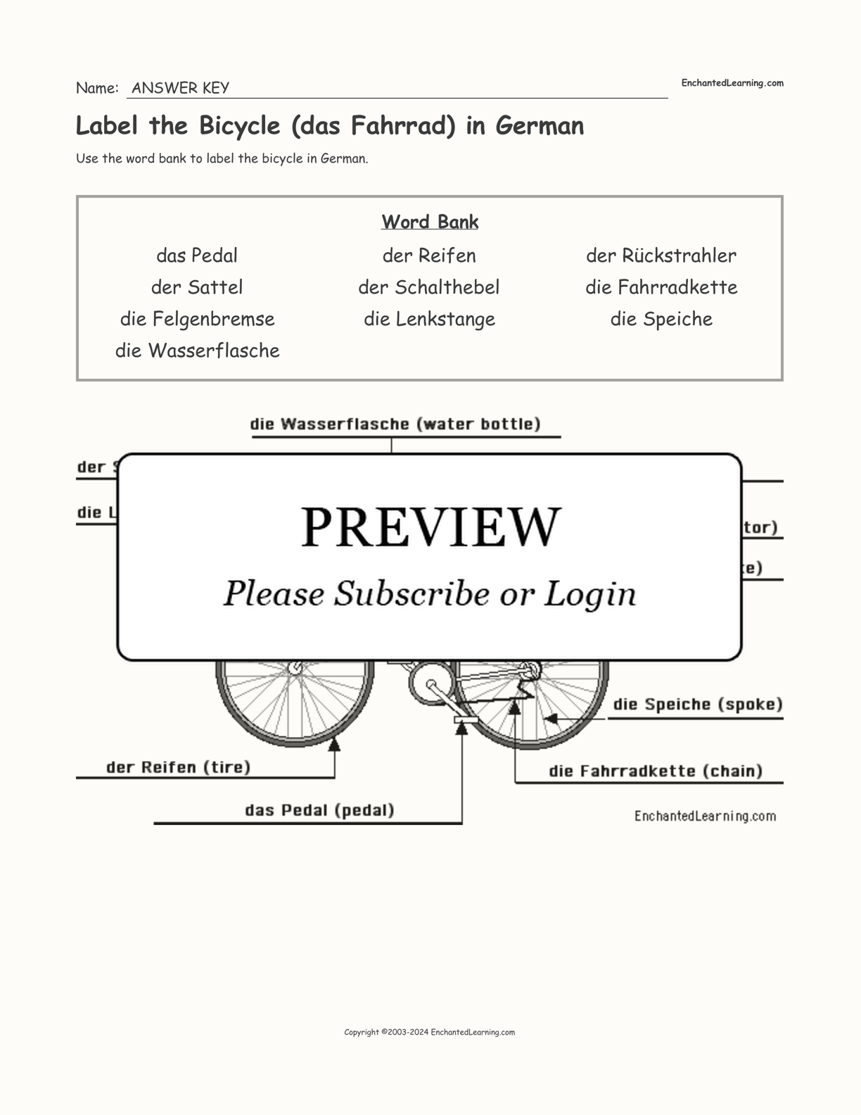 Label the Bicycle (das Fahrrad) in German interactive worksheet page 2