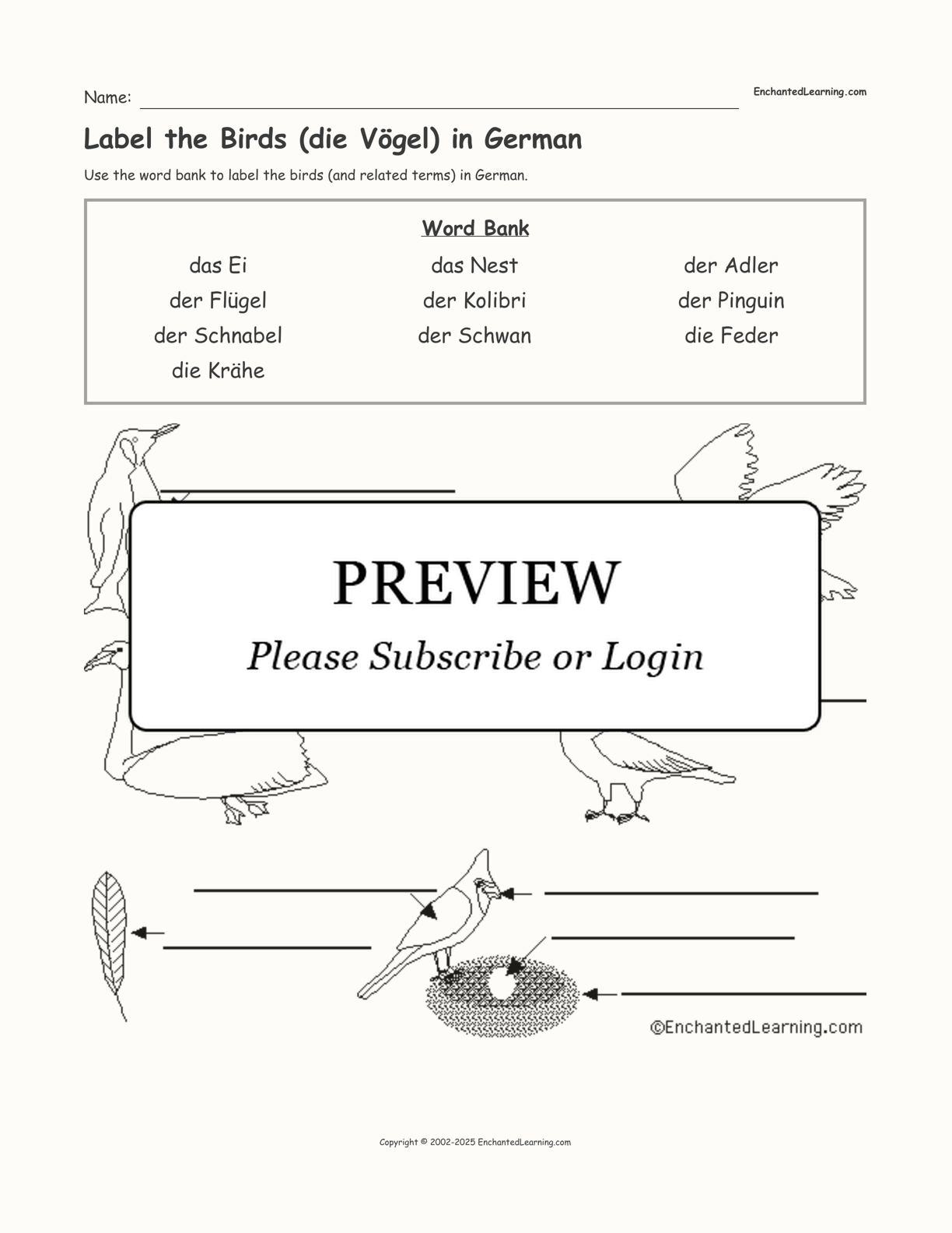 Label the Birds (die Vögel) in German interactive worksheet page 1