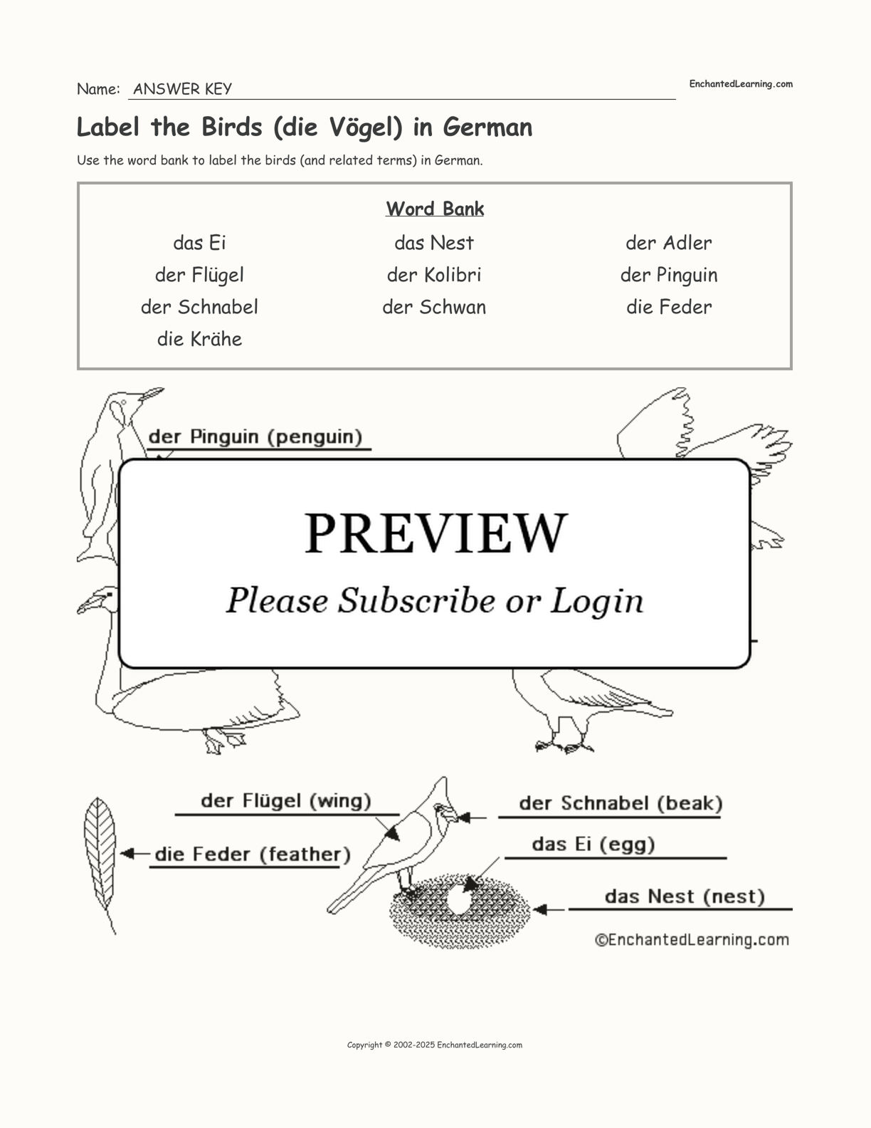 Label the Birds (die Vögel) in German interactive worksheet page 2