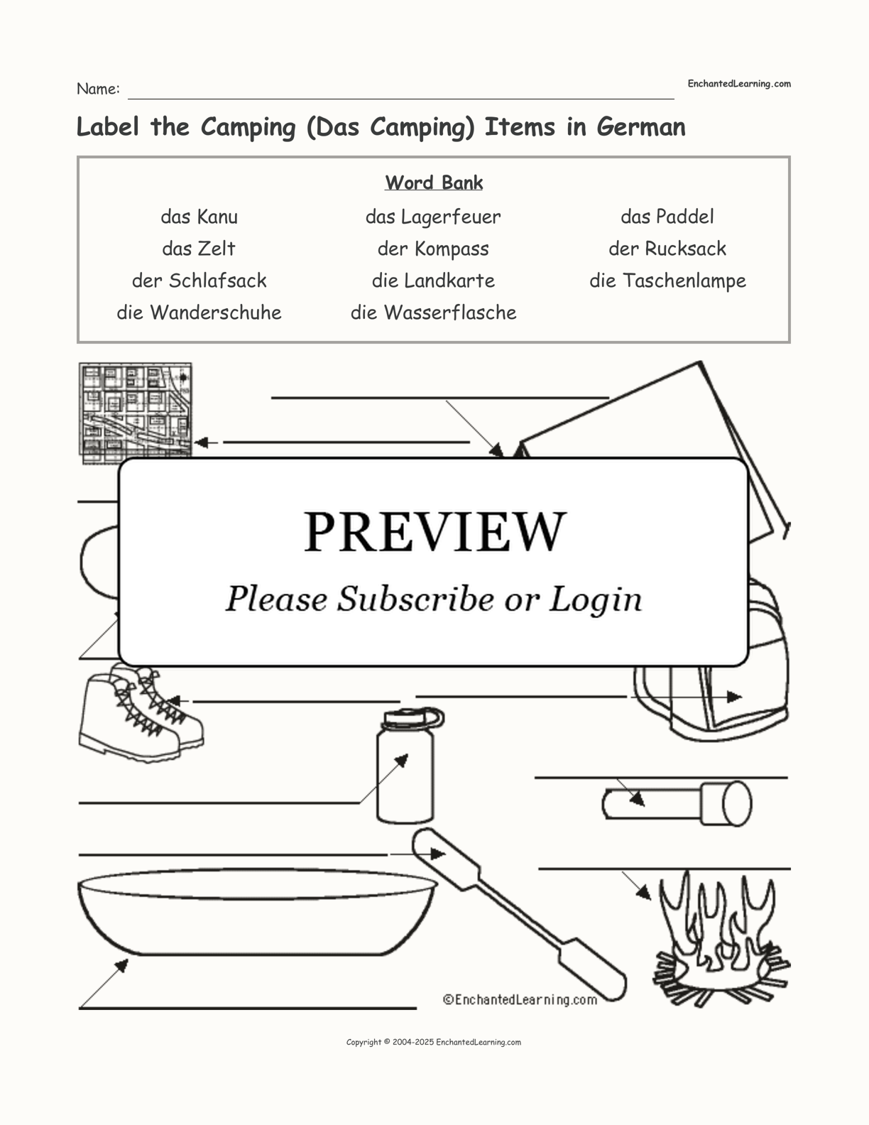 Label the Camping (Das Camping) Items in German interactive worksheet page 1