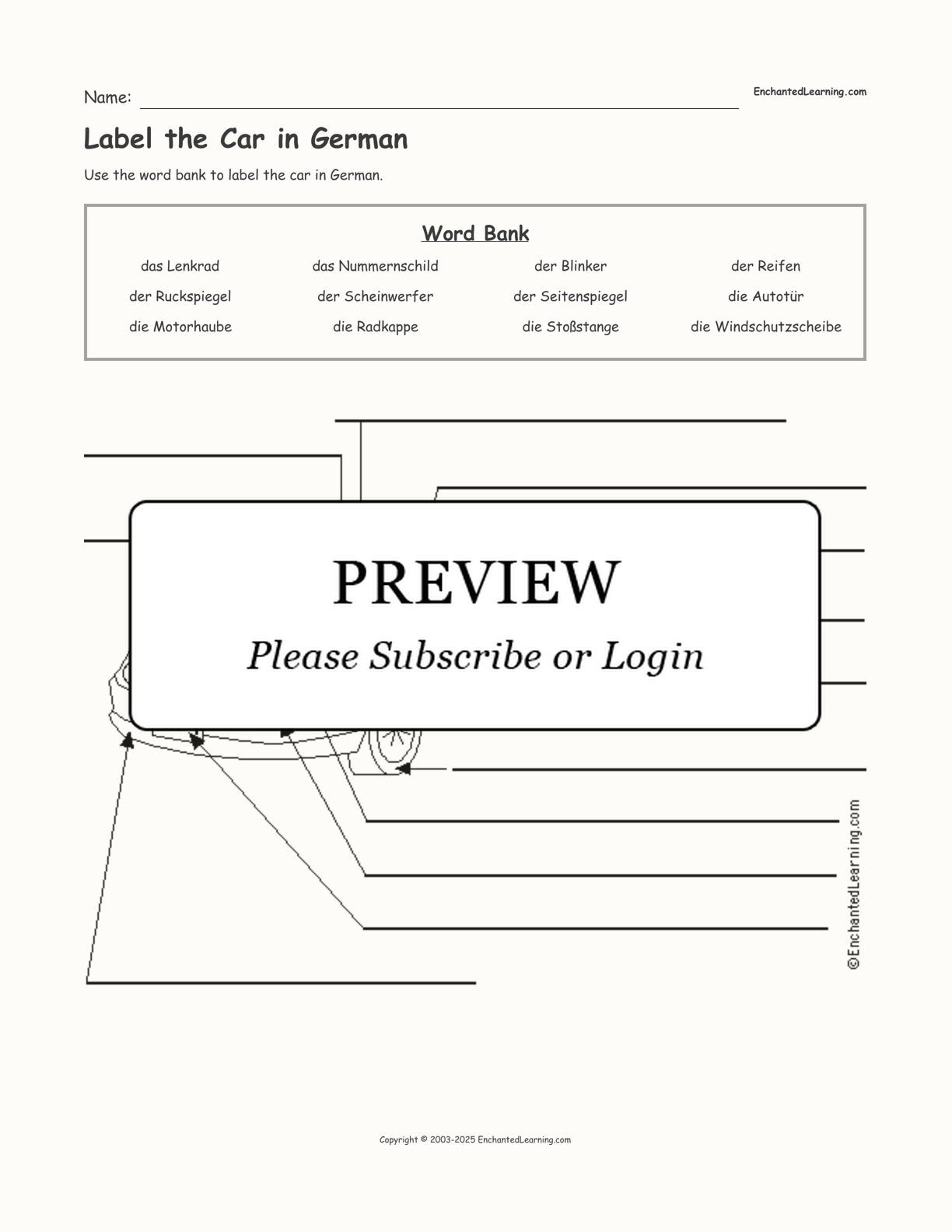 Label the Car in German interactive worksheet page 1