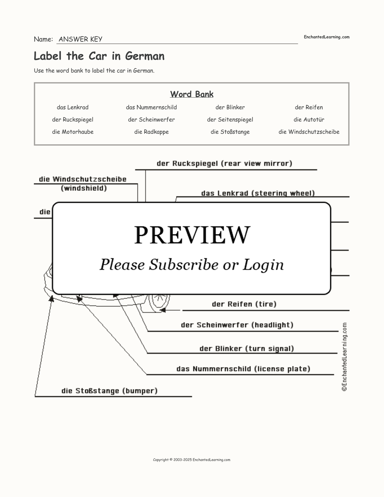 Label the Car in German interactive worksheet page 2