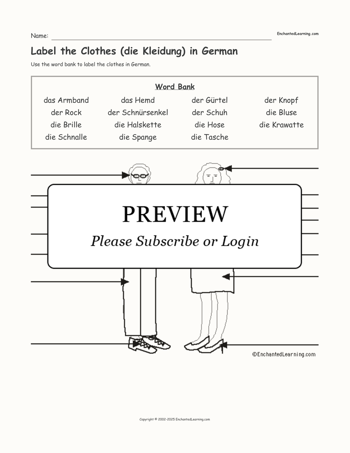 Label the Clothes (die Kleidung) in German interactive worksheet page 1