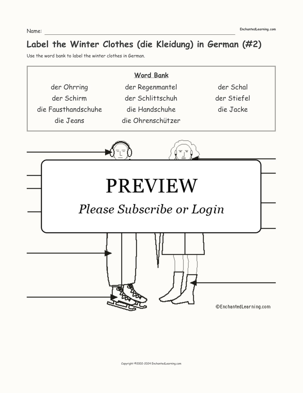 Label the Winter Clothes (die Kleidung) in German (#2) interactive worksheet page 1