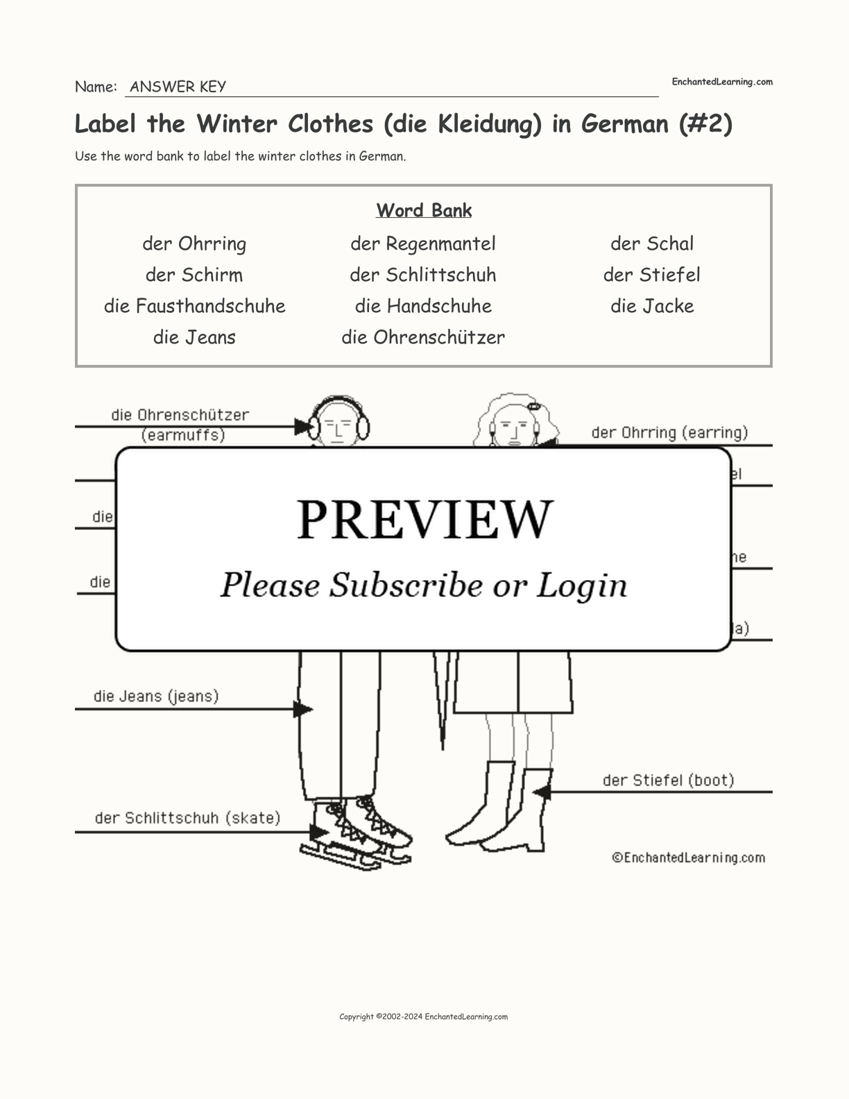 Label the Winter Clothes (die Kleidung) in German (#2) interactive worksheet page 2