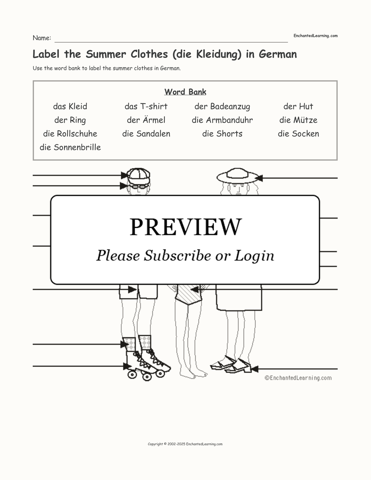 Label the Summer Clothes (die Kleidung) in German interactive worksheet page 1