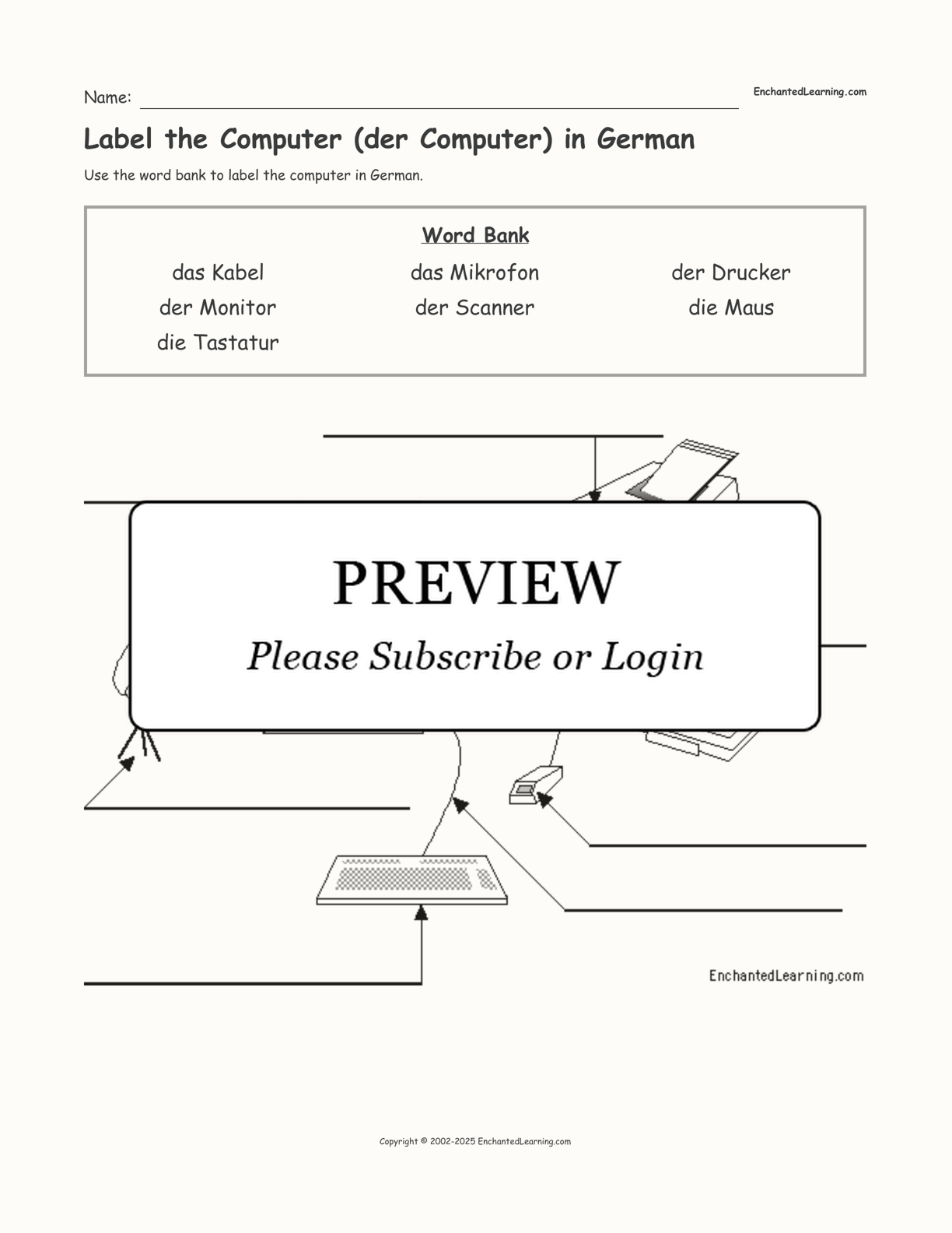 Label the Computer (der Computer) in German interactive worksheet page 1