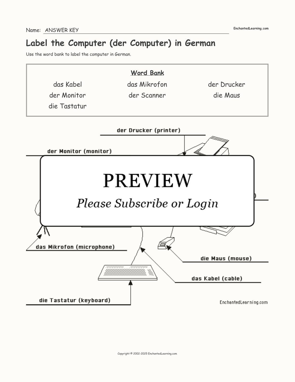 Label the Computer (der Computer) in German interactive worksheet page 2