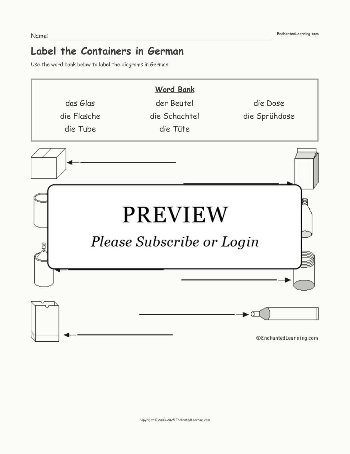 Label the Containers in German interactive worksheet page 1